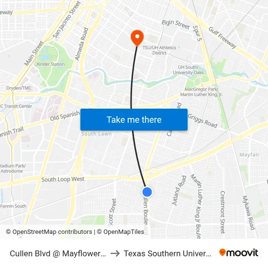 Cullen Blvd @ Mayflower St to Texas Southern University map