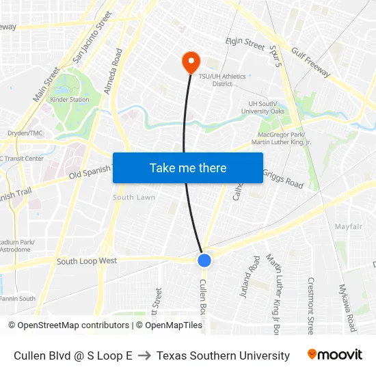 Cullen Blvd @ S Loop E to Texas Southern University map