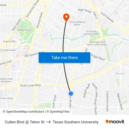 Cullen Blvd @ Teton St to Texas Southern University map