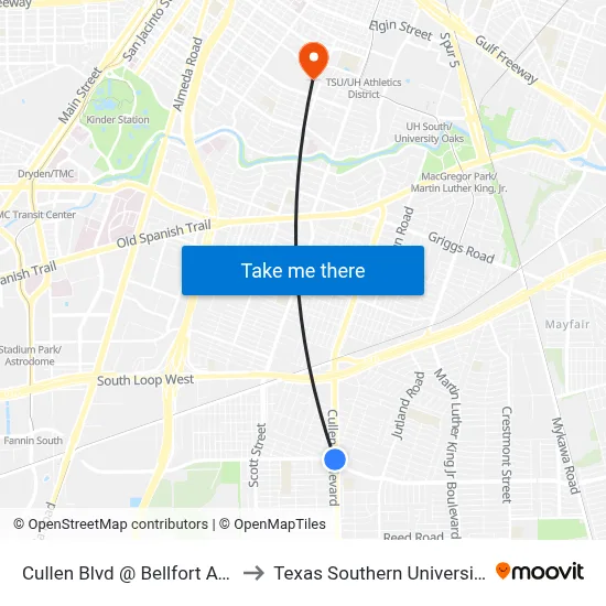 Cullen Blvd @ Bellfort Ave to Texas Southern University map