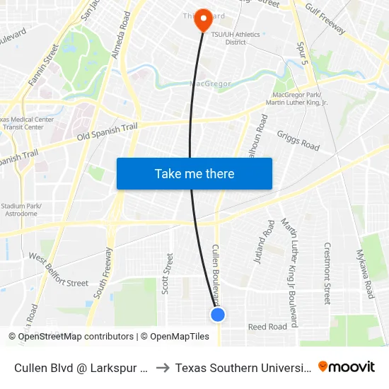 Cullen Blvd @ Larkspur St to Texas Southern University map