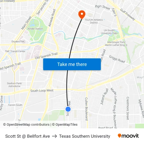 Scott St @ Bellfort Ave to Texas Southern University map