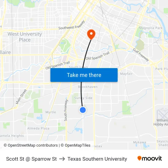 Scott St @ Sparrow St to Texas Southern University map