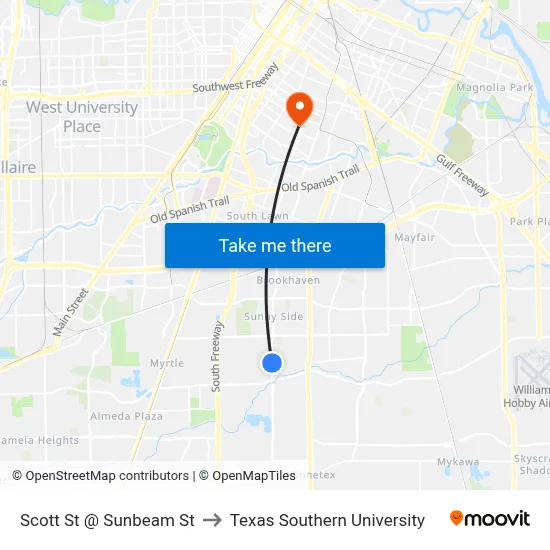 Scott St @ Sunbeam St to Texas Southern University map