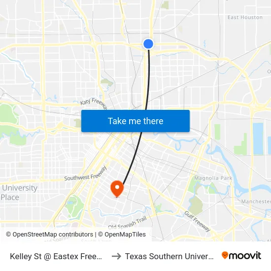 Kelley St @ Eastex Freeway to Texas Southern University map