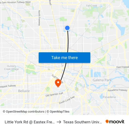 Little York Rd @ Eastex Freeway to Texas Southern University map