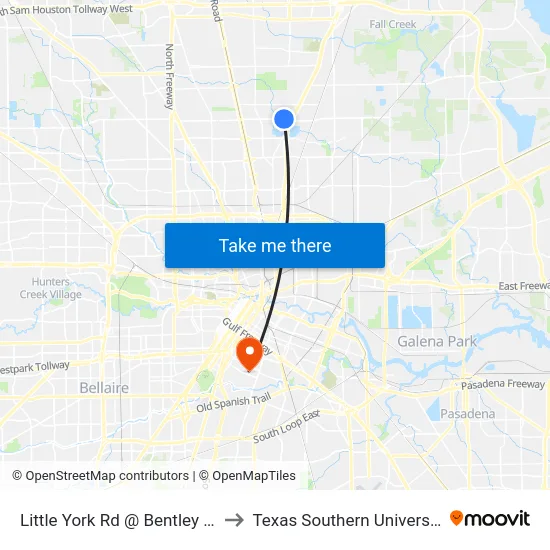 Little York Rd @ Bentley Rd to Texas Southern University map