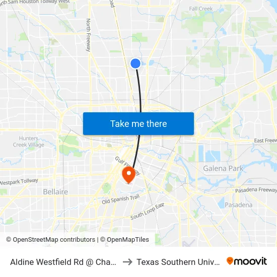 Aldine Westfield Rd @ Charles St to Texas Southern University map