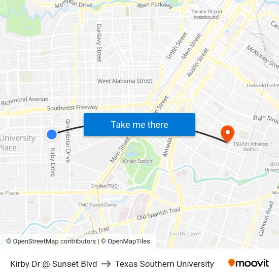 Kirby Dr @ Sunset Blvd to Texas Southern University map