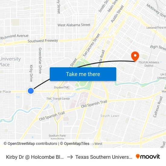 Kirby Dr @ Holcombe Blvd to Texas Southern University map