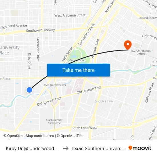 Kirby Dr @ Underwood Rd to Texas Southern University map