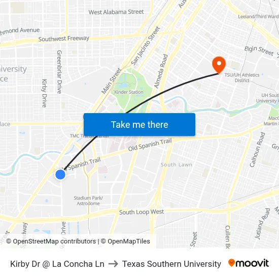 Kirby Dr @ La Concha Ln to Texas Southern University map