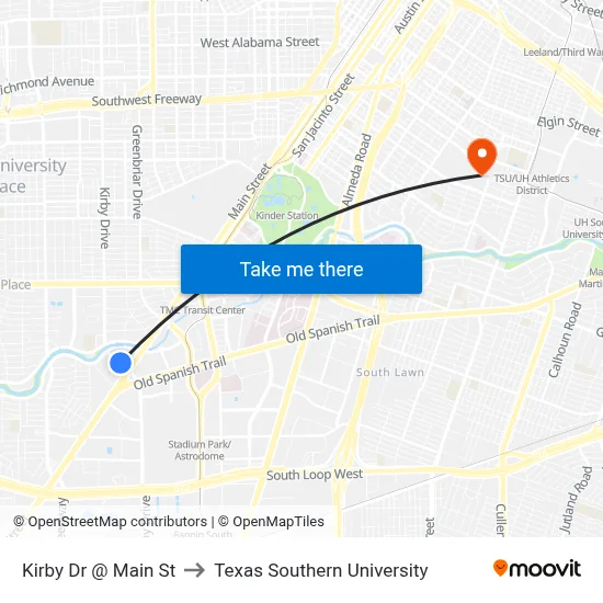 Kirby Dr @ Main St to Texas Southern University map
