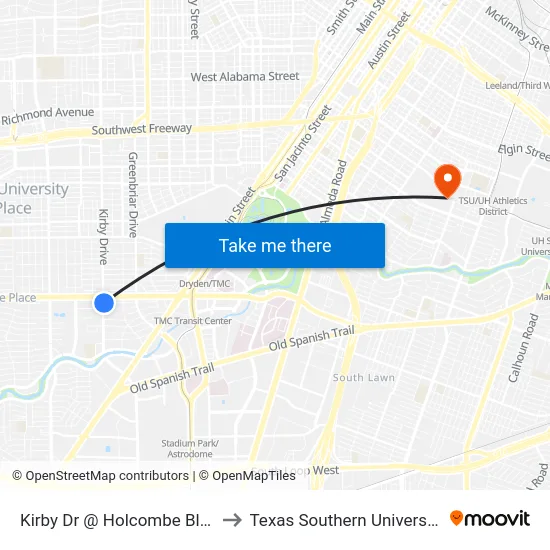 Kirby Dr @ Holcombe Blvd to Texas Southern University map
