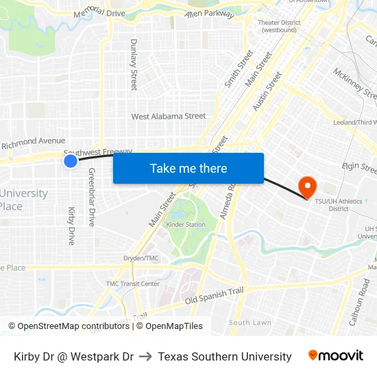 Kirby Dr @ Westpark Dr to Texas Southern University map