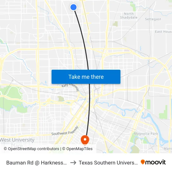 Bauman Rd @ Harkness St to Texas Southern University map