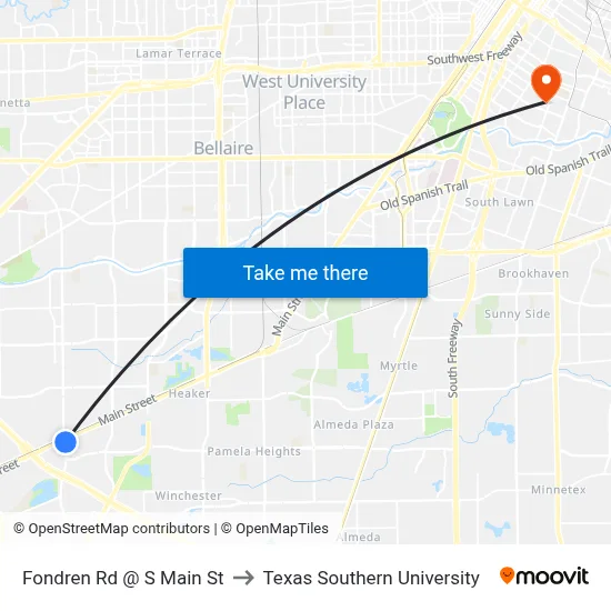 Fondren Rd @ S Main St to Texas Southern University map