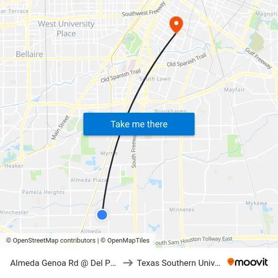 Almeda Genoa Rd @ Del Papa St to Texas Southern University map