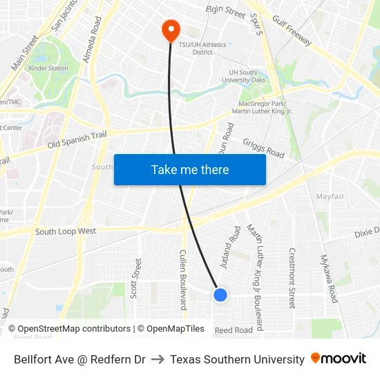 Bellfort Ave @ Redfern Dr to Texas Southern University map