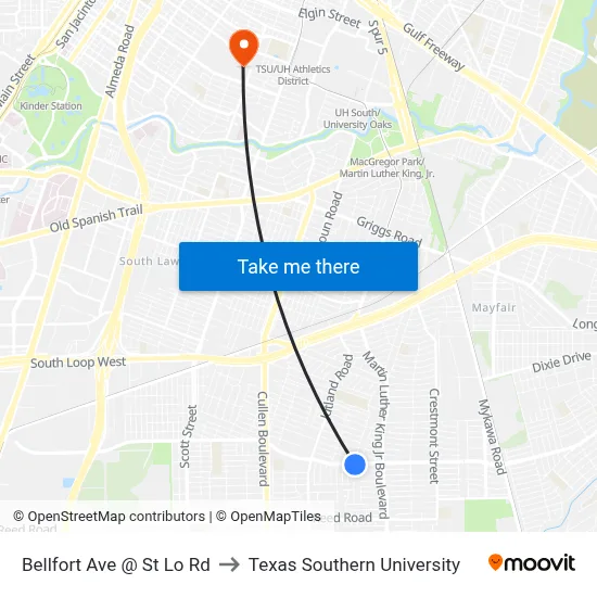 Bellfort Ave @ St Lo Rd to Texas Southern University map
