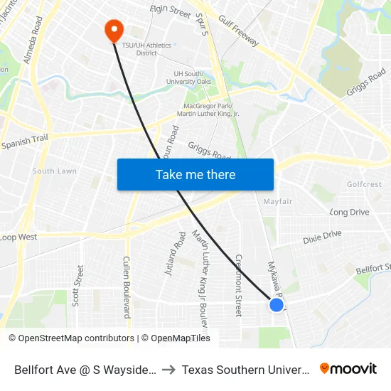 Bellfort Ave @ S Wayside Dr to Texas Southern University map