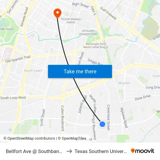 Bellfort Ave @ Southbank St to Texas Southern University map