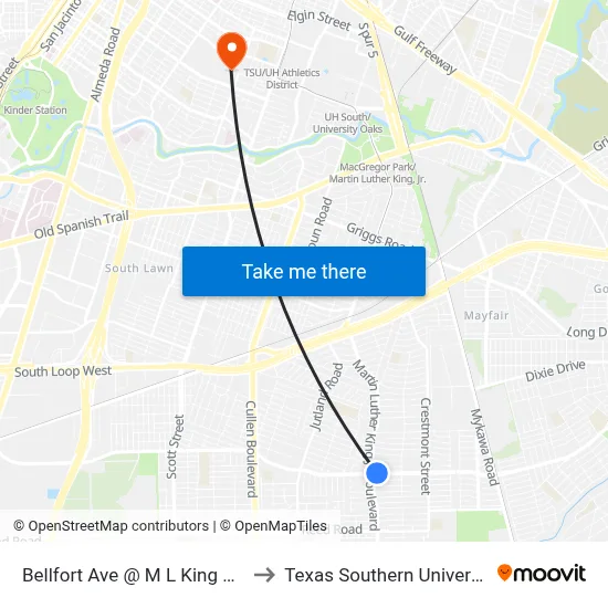 Bellfort Ave @ M L King Blvd to Texas Southern University map