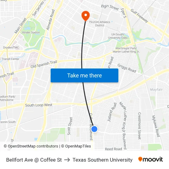 Bellfort Ave @ Coffee St to Texas Southern University map