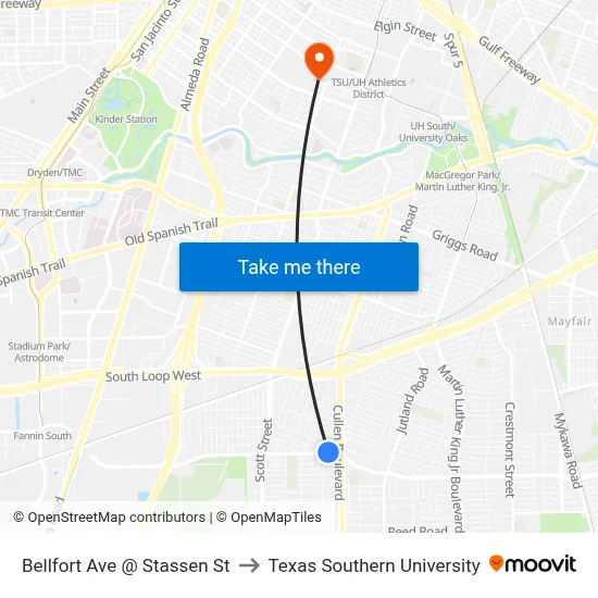 Bellfort Ave @ Stassen St to Texas Southern University map