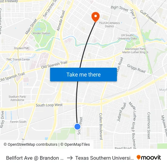 Bellfort Ave @ Brandon St to Texas Southern University map