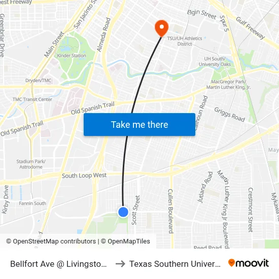 Bellfort Ave @ Livingston St to Texas Southern University map