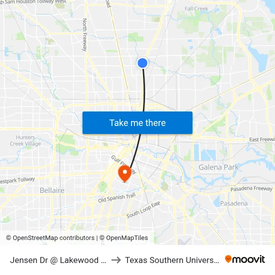 Jensen Dr @ Lakewood Dr to Texas Southern University map