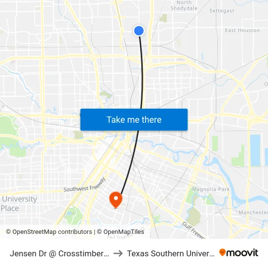 Jensen Dr @ Crosstimbers St to Texas Southern University map