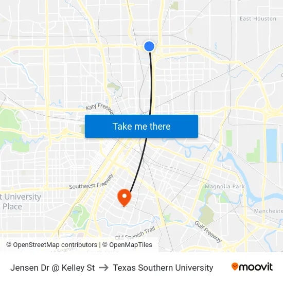 Jensen Dr @ Kelley St to Texas Southern University map