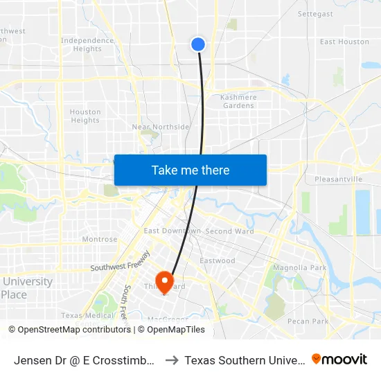 Jensen Dr @ E Crosstimbers St to Texas Southern University map