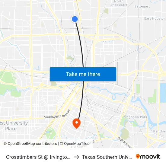 Crosstimbers St @ Irvington Blvd to Texas Southern University map