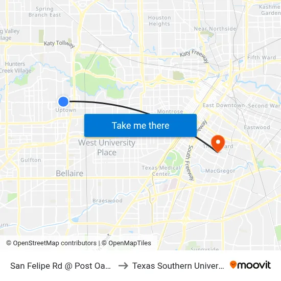 San Felipe Rd @ Post Oak Ln to Texas Southern University map