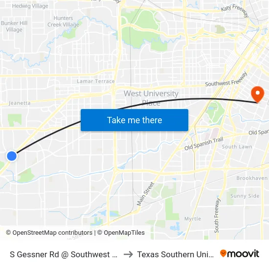 S Gessner Rd @ Southwest Freeway to Texas Southern University map