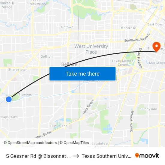 S Gessner Rd @ Bissonnet St MB to Texas Southern University map