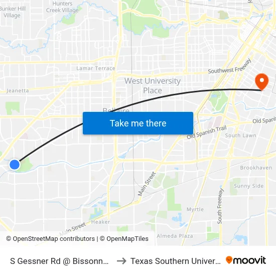 S Gessner Rd @ Bissonnet St to Texas Southern University map