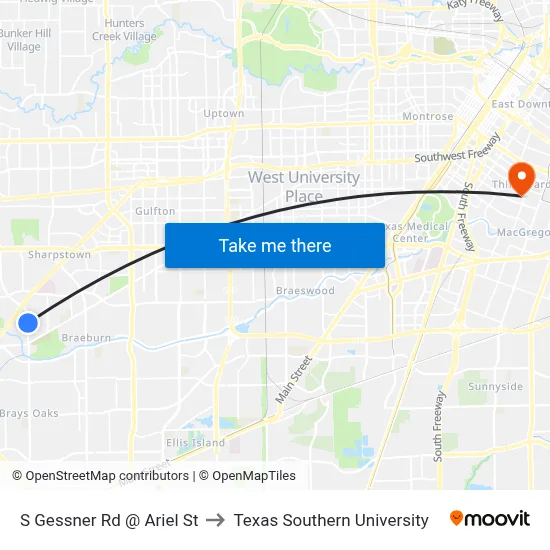 S Gessner Rd @ Ariel St to Texas Southern University map
