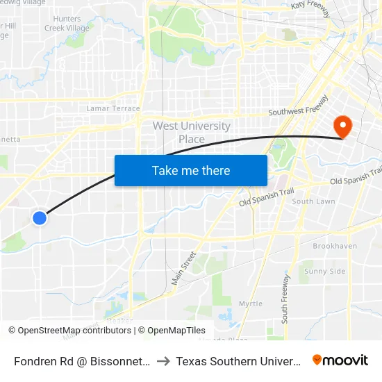 Fondren Rd @ Bissonnet St to Texas Southern University map