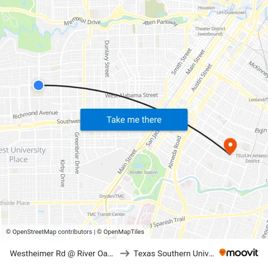 Westheimer Rd @ River Oaks Blvd to Texas Southern University map