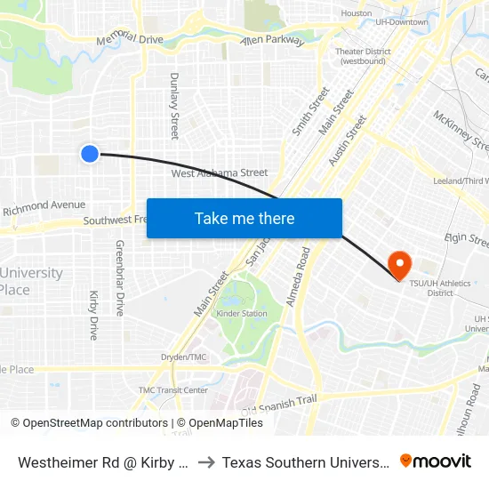 Westheimer Rd @ Kirby Dr to Texas Southern University map