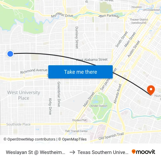Weslayan St @ Westheimer Rd to Texas Southern University map