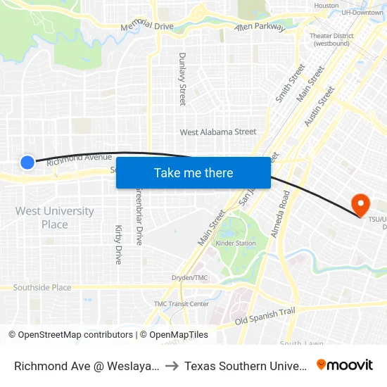 Richmond Ave @ Weslayan St to Texas Southern University map