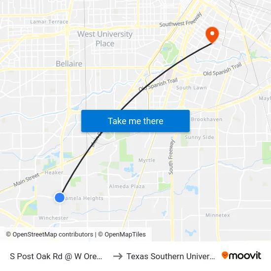 S Post Oak Rd @ W Orem Dr to Texas Southern University map