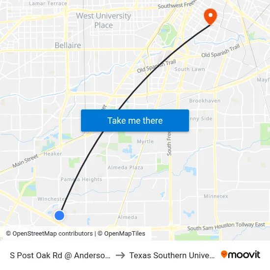S Post Oak Rd @ Anderson Rd to Texas Southern University map