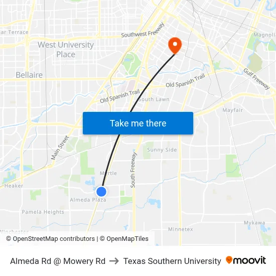 Almeda Rd @ Mowery Rd to Texas Southern University map