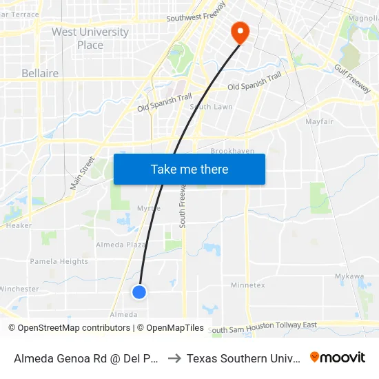 Almeda Genoa Rd @ Del Papa St to Texas Southern University map